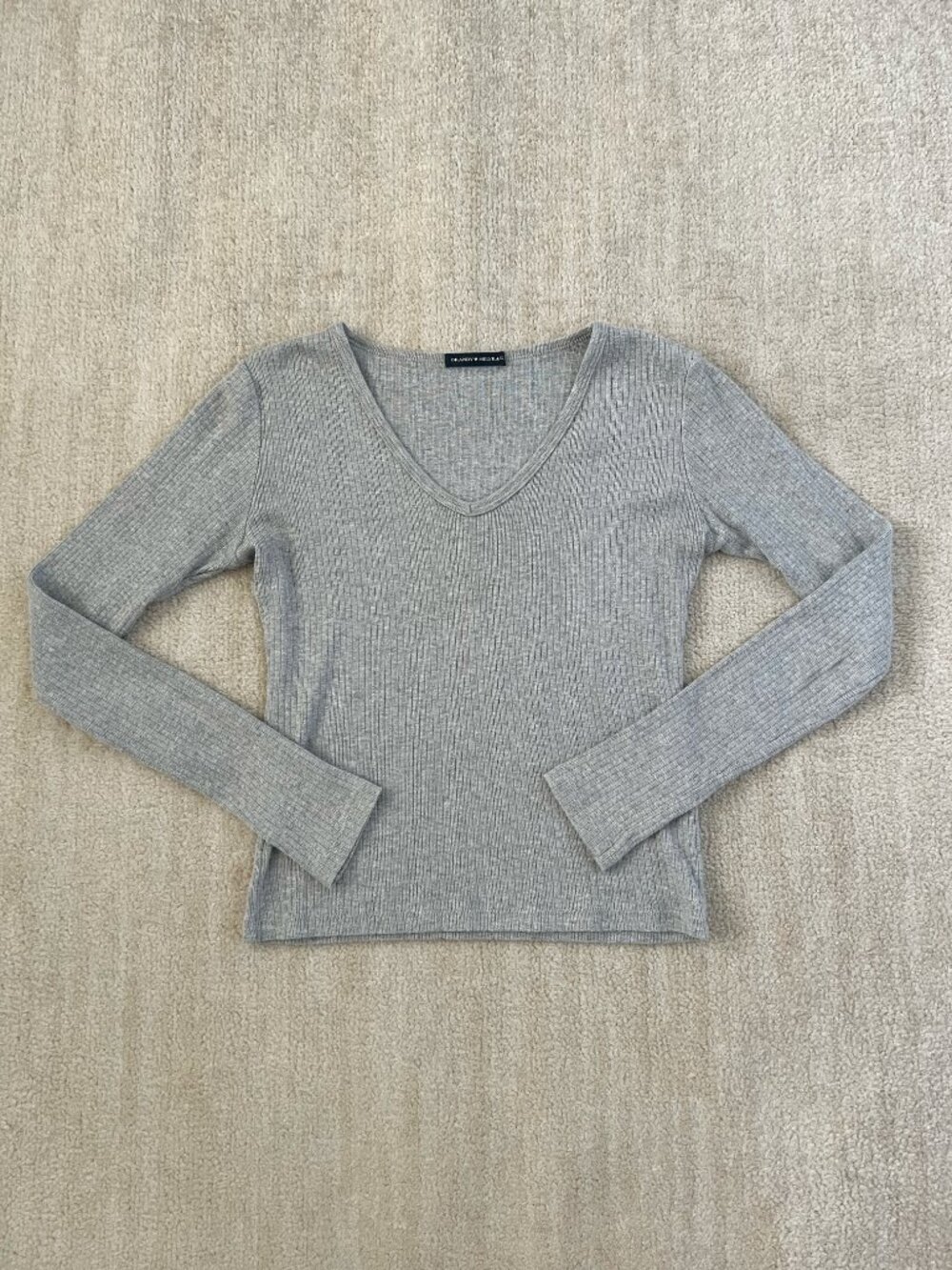 Brandy Melville Grey Ribbed Cotton V-Neck Long Sleeve Top One Size